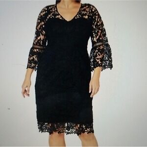 City Chic Navy Blue Lace Sheath Dress Floral Bell Sleeve Plus Size S 16 NEW